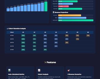 SaaSBoard — Foglio di calcolo per dashboard di metriche SaaS, Mrr Arr Churn LTV Cac Tracker, Finanza per startup, Pronto per gli investitori