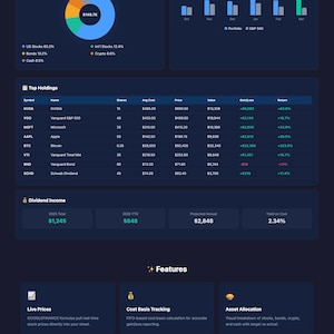 Op de afbeelding: Een donkerblauw aandelenportfoliotracker met financiële gegevens, waaronder portefeuillewaarde, totaalrendement en jaarlijkse dividenden. Het dashboard toont de activaspreiding, de top holdings en het dividendinkomen. Functies omvatten live prijzen en kostenbasistracking.
