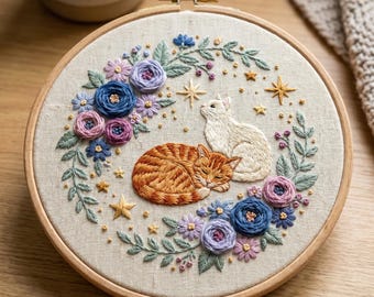 Kit de bordado de gatos - Gatos blancos y naranjas durmiendo - Aro de 15 x 20 cm - Manualidad floral celestial DIY - Regalo para amantes de los animales