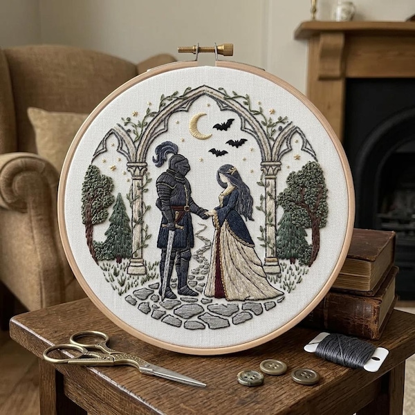Ritter Stickdatei Set - Mittelalterlicher Ritter und Dame Gotischer Bogen DIY Handwerk - Dark Academia Romantisches Geschenk für Sie - Entspannendes Fantasy Hobby