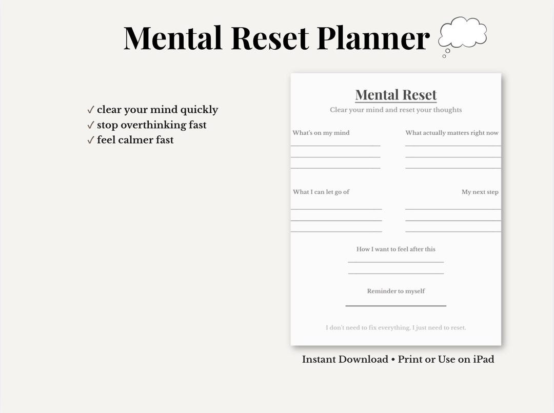 Mental Reset Planner Printable | Overthinking & Anxiety Reset Worksheet ...