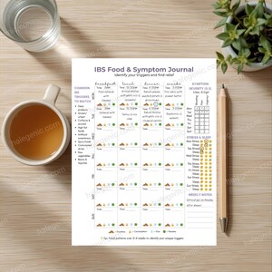 Pode incluir: Um Diário de Alimentos e Sintomas de IBS impresso em uma superfície de madeira, com uma xícara de chá, um copo de água, um lápis e uma pequena planta em vaso. O diário inclui seções para rastrear a ingestão de alimentos, sintomas e padrões de sono.