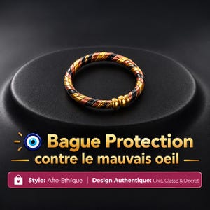 Pode incluir: Um anel circular com um design trançado em tons metálicos de ouro, cobre e preto. A banda tem um acabamento liso e arredondado com duas pequenas contas esféricas na abertura. O texto Bague Protection contre le mauvais oeil é visível.