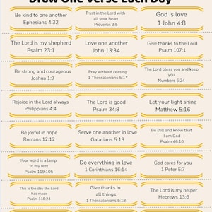 May include: A printable 30 Days Kids Bible Verse Jar with the text "Draw One Verse Each Day". The verses are in individual boxes with titles like "Be kind to one another" and scripture references. The design is in shades of yellow and white.
