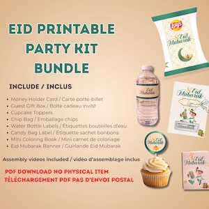 Kit Décoration Eid Mubarak à Imprimer | Chip Bag, Etiquettes Bouteille, Cupcake Toppers, Boîte Cadeau, Banderole | Téléchargement PDF