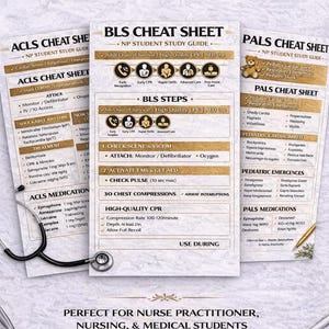 Puede incluir: Hojas de trucos médicos para ACLS, BLS y PALS, con un estetoscopio y un bolígrafo. Las hojas proporcionan guías de referencia rápida para profesionales médicos y estudiantes, con pasos y medicamentos clave. El texto incluye "BLS CHEAT SHEET".