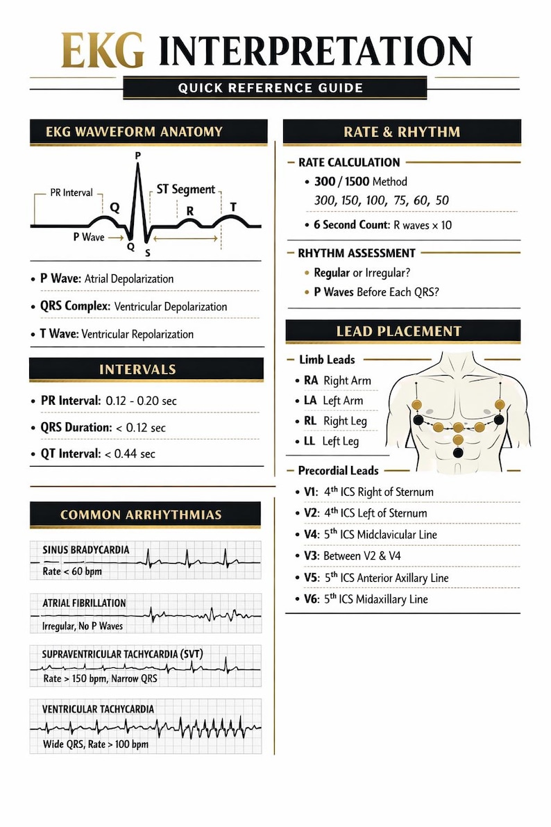 Ecg Example Sheet EKG INTERPRETATION Quick Reference Cheat Sheet - Etsy