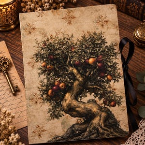 May include: A rectangular notebook with a beige cover featuring a detailed illustration of a gnarled apple tree with red and yellow fruit. The cover has a vintage-style texture with faint snowflake-like patterns and a black ribbon attached to the side.