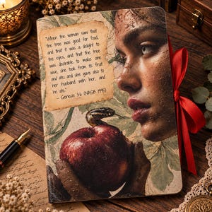 May include: A rectangular journal featuring a printed image of a person's face, a red apple, and a snake. The cover includes the text: When the woman saw that the tree was good for food, and that it was a delight to the eyes, and that the tree was desirable to make one wise, she took from its fruit and ate; and she gave also to her husband with her, and he ate. - Genesis 3:6 (NASB 1995). A red ribbon is tied to the side.