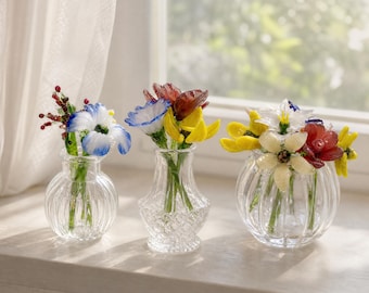Mini flor de vidro para decoração de primavera, ideal para casa e prateleiras.
