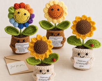 Crochet Sunflower Teacher Gift with Helping Me Grow Card, Emotional Support Gift