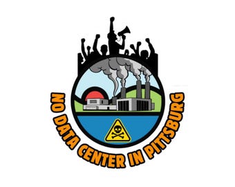 May include: A circular graphic design featuring a silhouette of a crowd with a megaphone above a factory emitting smoke. Below the factory is a blue section with a yellow triangular hazard symbol containing a skull and crossbones. The text NO DATA CENTER IN PITTSBURG curves around the bottom.