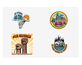 May include: Four stickers featuring protest themes. Top left: a crane flying with text STOP PITTSBURG DATA CENTER. Top right: hummingbirds and flowers with NO DATA CENTER. Bottom left: two raised fists holding a plug with PULL THE PLUG. Bottom right: industrial buildings with NO DATA CENTER IN PITTSBURG.