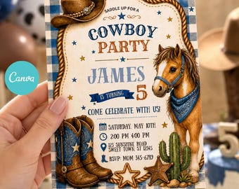May include: A cowboy-themed birthday party invitation with the text "Cowboy Party" and "James is turning 5". The design includes a cowboy hat, a horse, cowboy boots, and stars. The invitation is held by a person.