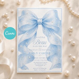 Editable Blue Bow Baby Shower Invitation for Boys, Pearl Little Beau Canva Template
