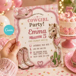 Convite de Aniversário Cowgirl para Menina de 5 Anos, Rosa, com Tema Western, Modelo Editável no Canva, Download Digital para Festa de Cowgirl com Tema Rodeio