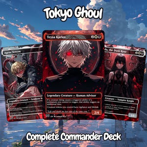 May include: Three Magic: The Gathering cards featuring characters from Tokyo Ghoul. The cards display artwork of Agent Venom, Teysa Karlov, and Elenda, the Dusk Rose. The text "Tokyo Ghoul" and "Complete Commander Deck" are also visible.