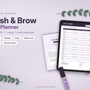 May include: A digital Lash & Brow Pro Planner displayed on a tablet screen, featuring a daily schedule with time slots, client names, and services. The planner includes a cover page, seven pages of fillable PDF forms, and a purple cosmetic tube.