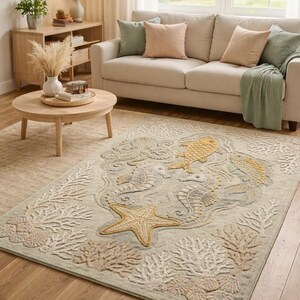 Alfombra infantil con animales marinos, alfombra con caballitos de mar y estrellas de mar, decoración costera para la habitación del bebé o la sala de juegos.