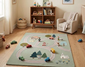 Sage Green 3D Road Rug Modern Abstract Nursery Play Carpet Custom Kids Decor