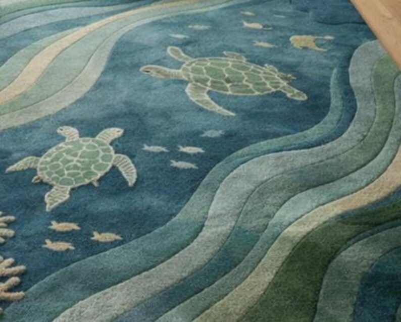 Turtle Colorblock Rug Hand Tufted Sea Turtle Rug: Coastal Ocean Theme Area Rug for Living ...