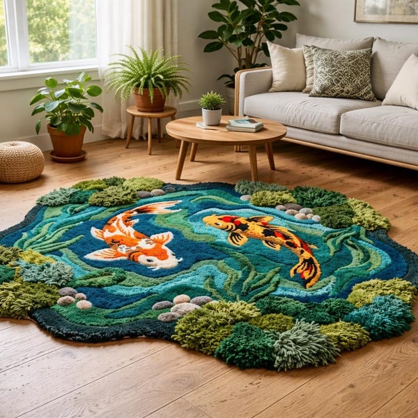 Koi-Fisch-Teppich, Teich, Wollteppich mit organischer Form, getufteter moderner Teppich