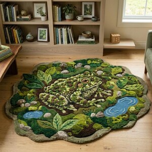 Könnte beinhalten: Ein runder, handgetufteter Teppich mit einem detaillierten Froschdesign. Der Teppich zeigt einen Frosch in Grün- und Brauntönen, umgeben von Blättern, Steinen und zwei blauen Teichen. Der Teppich ist ein dekorativer Bodenbelag.