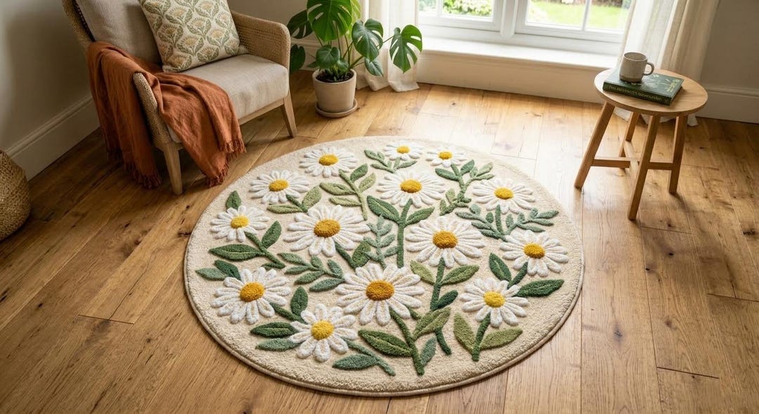 Daisy Round Rug, Handmade Floral Tufted Carpet, White Yellow Flower ...
