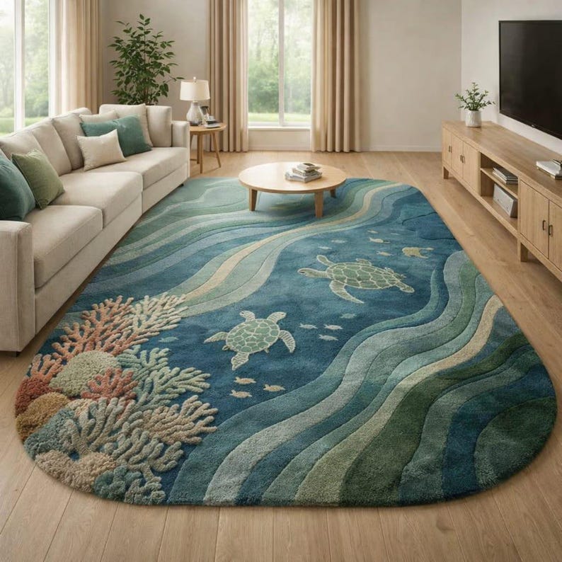 Loop Rag Rug Sea Hand Tufted Sea Turtle Rug: Coastal Ocean Theme Area Rug for Living ...