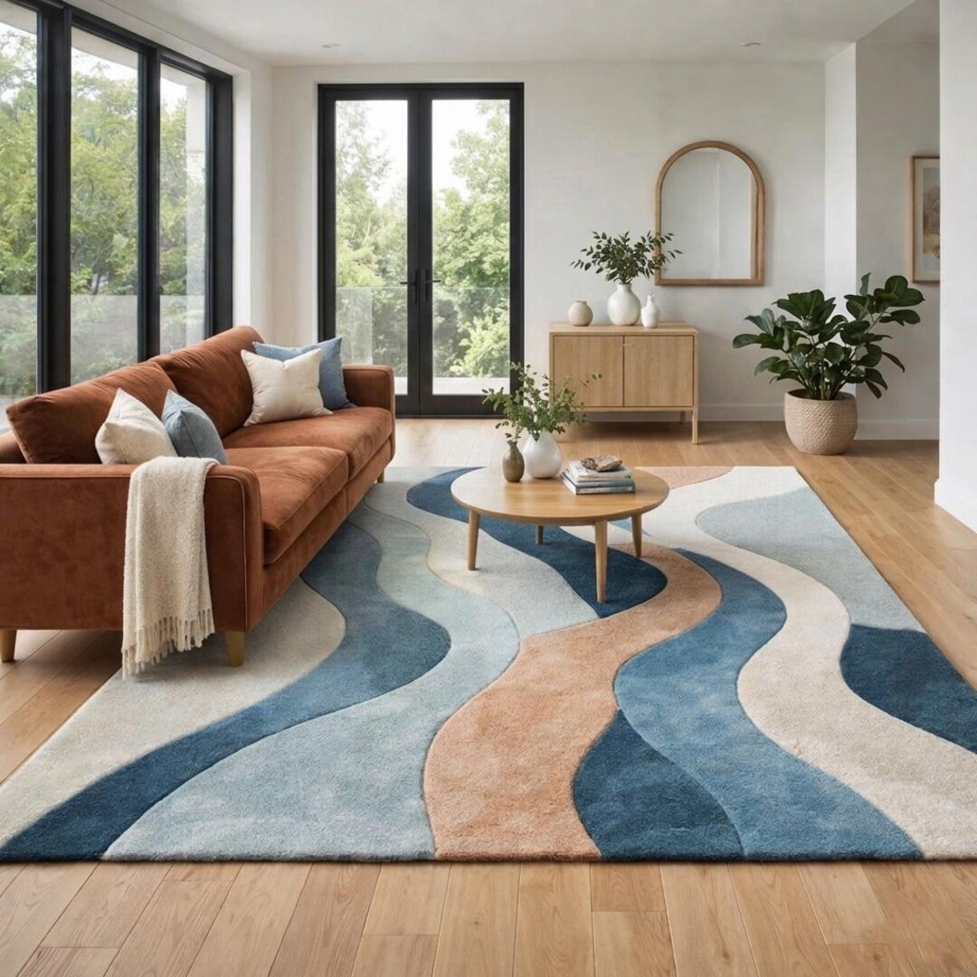 Modern Patterned Area Rug Modern Abstract Area Rug, Wave Pattern Carpet, Scandinavian Neutral ...