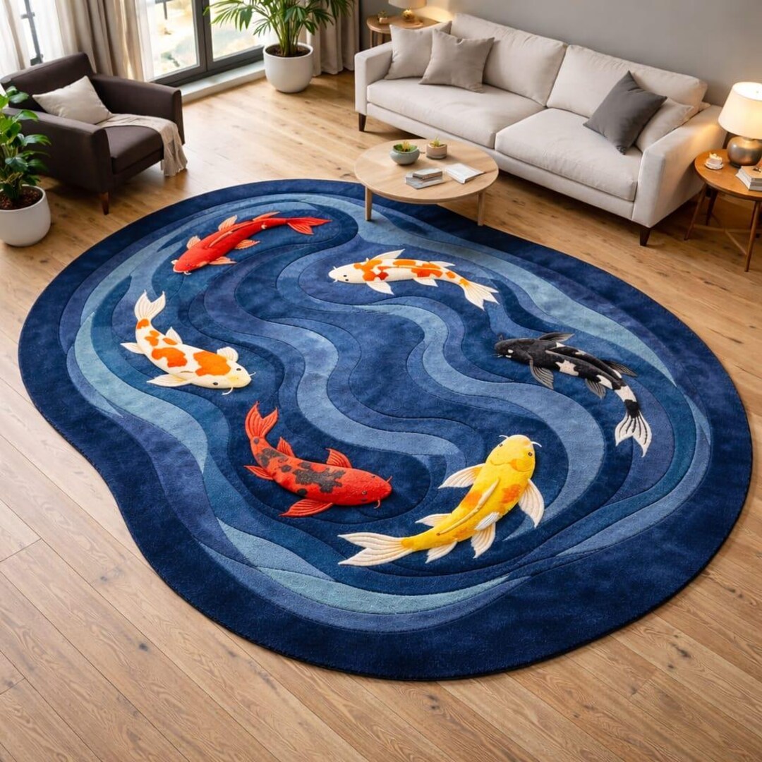 Fish Tuft Rug Koi Fish Pond Rug Hand Tufted Wool Blue Area Rug Japanese Carpet - Etsy