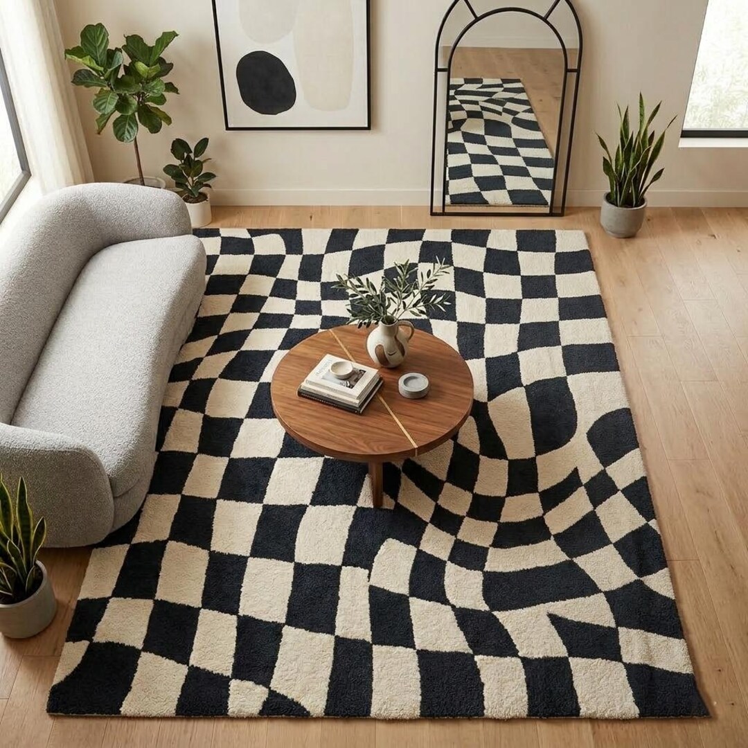 Modern Checkered Black White Checkered Optical Illusion Rug, Wavy Area ...