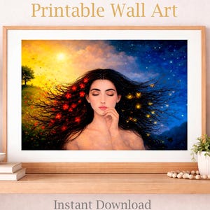 Day and Night Goddess Wall Art Printable, Sun and Stars Woman Illustration, Celestial Fantasy Art, Mystical Feminine Decor, Digital Download