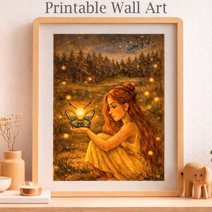 Enchanty Firefly | Magical Forest Wall Art Printable |Cozy Fantasy Print | She Holds The Light | Golden Fireflies