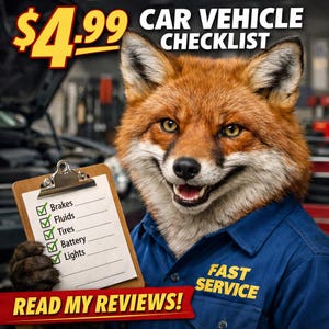 Puede incluir: Un zorro sonriente con una camisa azul de mecánico sostiene una portapapeles con una lista de verificación del coche. La lista incluye frenos, fluidos, neumáticos, batería y luces. El texto en la parte superior dice "CAR VEHICLE CHECKLIST" y "4,99$".