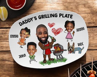 Personalized Daddy's Grilling Plate Gift - Custom BBQ Platter for Dad, Father's Day Present, Dad’s Grill Plate With Kids Names & Face