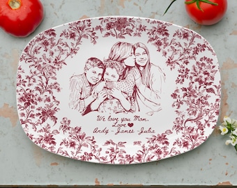 Personalized Mom & Kids Photo Platter, Personalized Toile De Jouy Mom Photo Plate, Mothers Day Gift for Mom, Grandma Birthday Gift from Kids