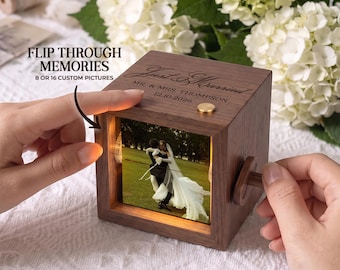 Custom Monogram Couple Wood Flipbook Box, Custom Couple Photo Gift for Newlywed, Engagement Crank Photobox Picture Box, Wedding Gift for Him