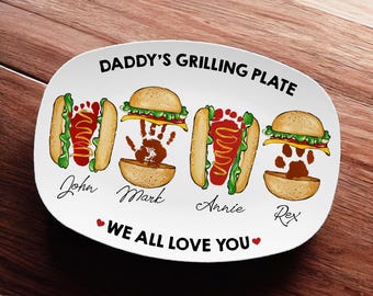 Personalized Daddy's Grilling Plate - Custom Burger Hot Dog Handprint Footprint Platter, Gift for Dad from Kids, BBQ Serving Tray