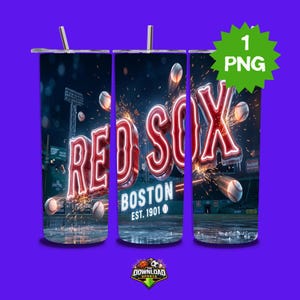 May include: A stainless steel tumbler featuring the Boston Red Sox logo in red neon against a dark, stadium-themed background. The design includes baseballs and the text "BOSTON EST. 1901". Includes a straw and lid.