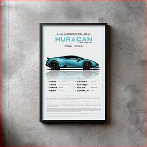 Puede incluir: Póster enmarcado con un Lamborghini Huracan Tecnica turquesa. El póster incluye especificaciones técnicas y los años 2014 y 2024. El coche se muestra de perfil sobre un fondo blanco, con ruedas negras.