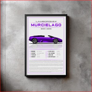 May include: A framed poster showcasing a purple Lamborghini Murcielago. The poster includes car specifications: engine, power, torque, and weight. Additional details include 0-60 MPH, top speed, redline, and drivetrain. The text "Lamborghini Murcielago 2001 | 2010" is displayed.