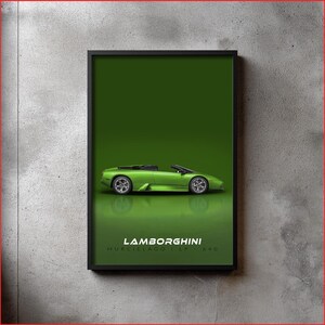 Może przedstawiać: Oprawiony wydruk przedstawiający zielony samochód Lamborghini Murcielago LP 640 z otwieranym dachem. Samochód jest umieszczony na zielonym tle, z logo Lamborghini i szczegółami modelu na dole. Rama jest czarna.