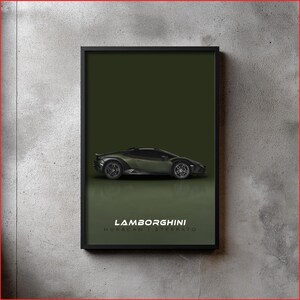 May include: A framed print of a dark green Lamborghini Huracan Sterrato. The sports car is depicted against a dark green backdrop, with the Lamborghini logo and model name at the bottom. The print is in a black frame.