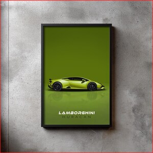 May include: A framed print showcasing a lime green Lamborghini Huracan sports car against a green backdrop. The car is in profile, highlighting its sleek design and black wheels. The text "LAMBORGHINI HURACAN" is displayed in white at the bottom of the image.