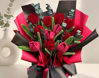 Handgemachter roter Tulpenstrauß | Pfeifenputzer Blumen | Für immer Blumen Geschenk | Valentinstag Geschenk | Jubiläum | Muttertags Deko