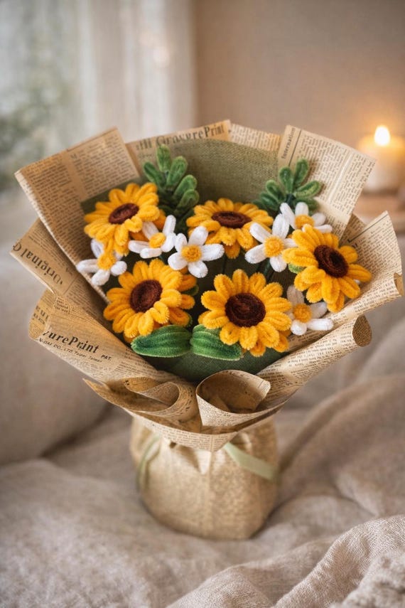 Handmade pipe cleaner Sunflower Daisy Bouquet, Rustic Forever Flowers Arrangement