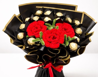 Handgjord röd piprensareblombukett med Ferrero Rocher-choklad | Lyxig presentbukett | Forever Flowers | Romantisk present