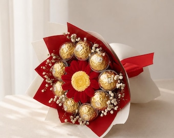 Handmade Ferrero Rocher Chocolate Bouquet, Red Flower Centerpiece, Romantic Gift