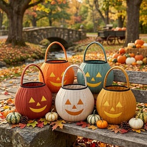 May include: Five quilted fabric pumpkin baskets with handles, each featuring a stitched jack-o'-lantern face. The baskets are colored in shades of rust, orange, cream, teal, and mustard yellow, arranged on a wooden bench outdoors.